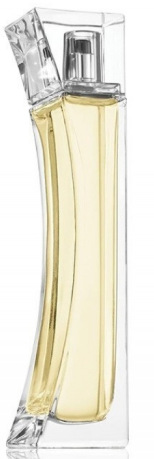 A curved rectangular perfume bottle filled with pale yellow liquid, enclosed in a clear transparent outer frame, on a white background.
