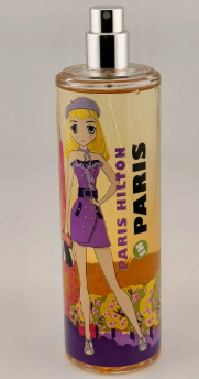 A Paris Hilton Paris perfume bottle with a clear cap and a colorful cartoon-style label featuring Paris Hilton in a purple dress against a beige background.