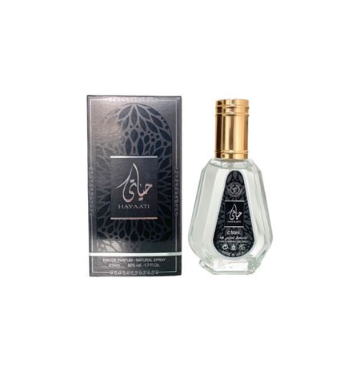 A bottle of Havati Eau de Toilette next to its black packaging box, featuring a gold cap and a clear glass bottle on a white background.