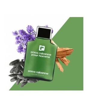 A green Paco Rabanne Pour Homme perfume bottle with a black cap, styled with purple lavender flowers, cinnamon sticks, and dark olives on a white and green graphic background.