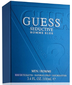 Guess Seductive Homme Blue men's fragrance box in a vibrant blue color, featuring embossed lettering and text on the front.