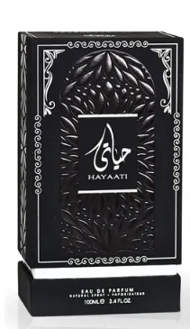 A black rectangular perfume box with ornate silver embossed floral detailing and the brand name HAYAATI visible on the front, shown on a black base against a white background.