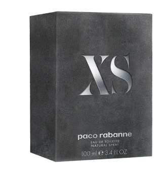 Paco Rabanne XS Eau de Toilette Natural Spray 100ml box, featuring a dark textured gray design with a metallic silver 'XS' logo and white text.
