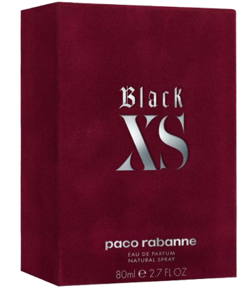 Paco Rabanne Black XS Eau de Parfum natural spray 80ml box, featuring a deep burgundy velvet-textured design with metallic silver lettering.