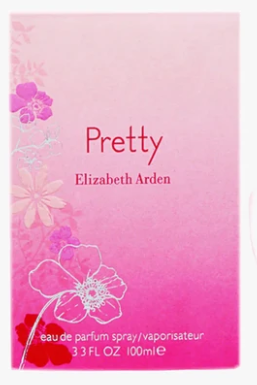 Elizabeth Arden Pretty Eau de Parfum spray bottle packaging, featuring a pink gradient box with white and purple floral illustrations.