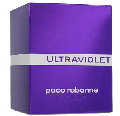 Paco Rabanne Ultraviolet Eau de Parfum box in metallic purple with a white horizontal band and white lettering.