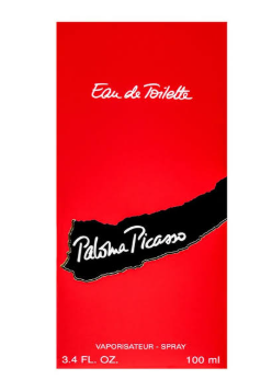 A rectangular red perfume bottle label with white script reading 'Eau de Toilette' at the top and 'Palmisio Piccolo' across a black irregular shape in the center. Smaller white text at the bottom reads 'VAPORISATEUR - SPRAY', '3.