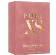 A pink rectangular box for Paco Rabanne Pure XS perfume with gold lettering, shown against a plain white background.