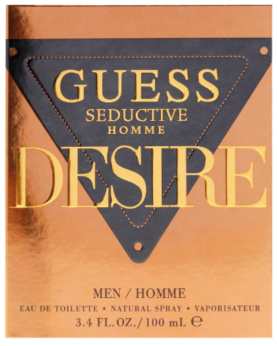 Guess Seductive Homme Desire men's fragrance packaging, featuring a metallic copper background with a large dark navy blue inverted triangle and gold lettering.