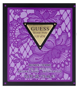 Guess Seductive Charm Women Eau de Toilette 75 mL bottle packaging, featuring a purple lace pattern background with a central gold triangular logo.