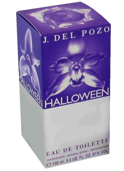J. Del Pozo Halloween Eau de Toilette perfume box, featuring a purple orchid design on a white and purple package.