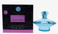 Britney Spears 'Curious' Eau de Parfum, 100 ml, showing the black and pink patterned retail box next to the faceted light blue glass spray bottle on a white background.