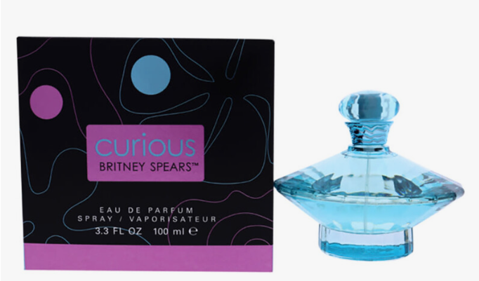 Britney Spears 'Curious' Eau de Parfum, 100 ml, showing the black and pink patterned retail box next to the faceted light blue glass spray bottle on a white background.
