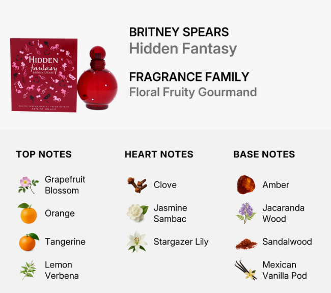 A product information graphic for Britney Spears Hidden Fantasy Fragrance Family. It shows a red perfume bottle, a red box with floral artwork, and text listing top notes (Grapefruit Blossom, Orange, Tangerine, Lemon Verbena), heart notes (Clove, Jasmine Sambac, Stargazer Lily), and base notes (Amber, Jacaranda Wood, Sandalwood, Mexican Vanilla Pod) on a light gray background.