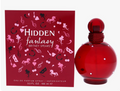 Britney Spears 'Hidden Fantasy' Eau de Parfum spray bottle and its red packaging box, shown against a plain white background.