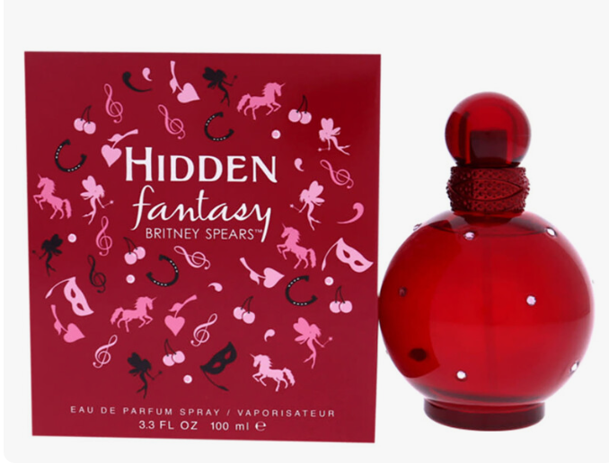 Britney Spears 'Hidden Fantasy' Eau de Parfum spray bottle and its red packaging box, shown against a plain white background.