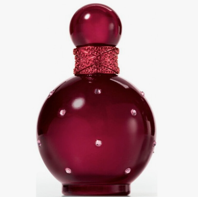 A round, glossy deep burgundy glass perfume bottle with a matching spherical cap, a textured glittery red neck band, and small clear rhinestone accents, shown against a plain white background.