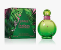 Britney Spears 'Jungle Fantasy' Eau de Toilette perfume bottle and its packaging box. The bottle is a translucent green with a pink glittery neck band and small rhinestone accents.