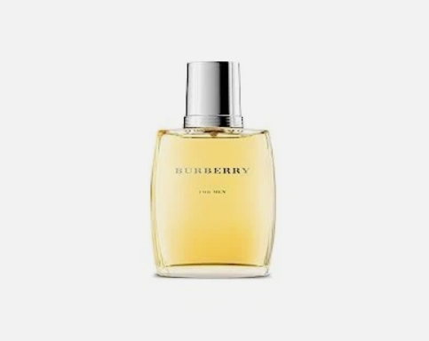 Burberry Classic Perfume for Men cologne bottle with a clear glass body showing pale yellow liquid, a silver metallic cap, and the Burberry logo printed on the front, set against a plain light gray background.
