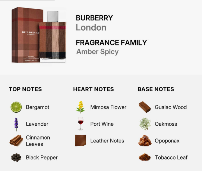 Burberry London Fragrance Family Amber Spicy perfume bottle and box on a light gray background, with top notes, heart notes, and base notes listed below.