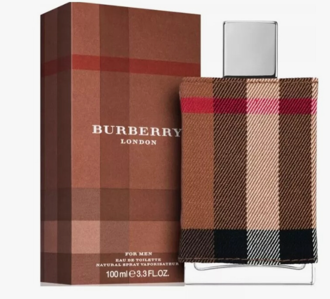 Burberry London For Men Eau de Toilette 100ml bottle with its signature brown and beige plaid pattern, shown next to its matching retail box on a white background.