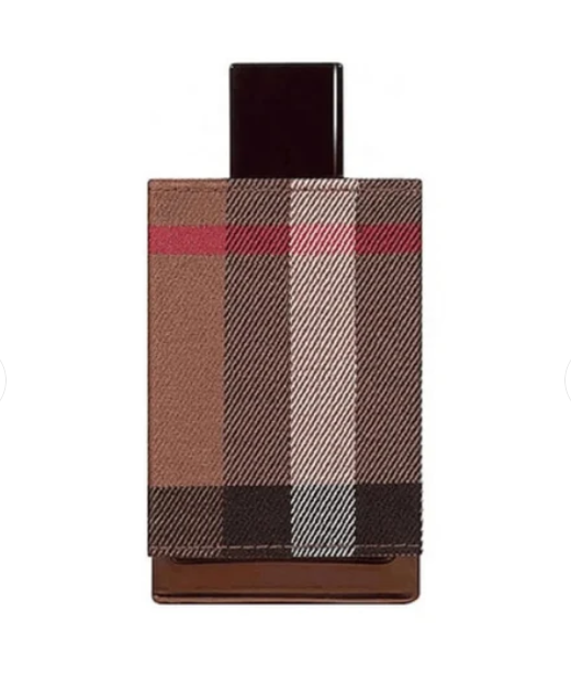 A rectangular perfume bottle with a brown and beige plaid pattern wrap, a dark brown cap, and a brown base, shown against a plain white background.