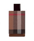 A rectangular perfume bottle with a brown and beige plaid pattern wrap, a dark brown cap, and a brown base, shown against a plain white background.
