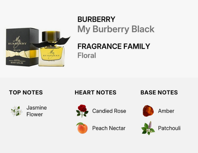 Burberry My Burberry Black fragrance family graphic showing the perfume bottle, black box packaging, and scent notes including Jasmine Flower, Candied Rose, Peach Nectar, Amber, and Patchouli.
