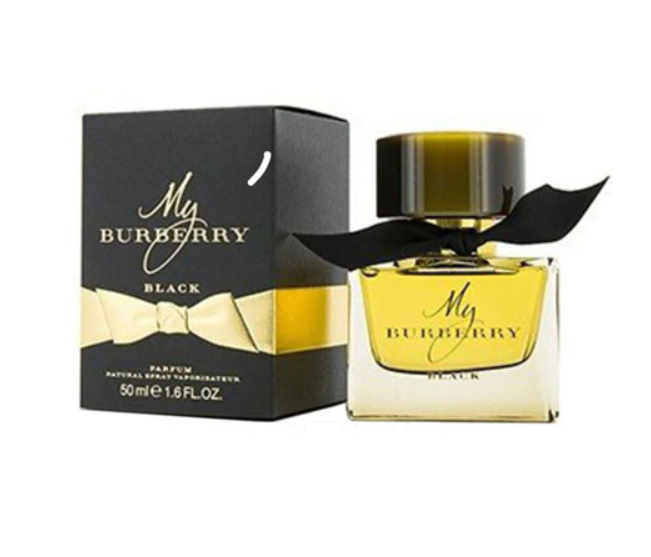 Burberry My Burberry Black perfume bottle with a black ribbon bow next to its black and gold packaging box, on a white background.