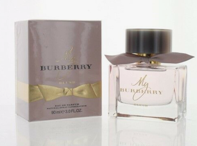 Burberry My Burberry Blush eau de parfum 80ml bottle with its original packaging box, displayed on a reflective white surface.