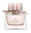 Burberry My Burberry Blush perfume For Women bottle with a pale pink liquid, a metallic rose gold cap, and a matching satin ribbon bow, on a white background.
