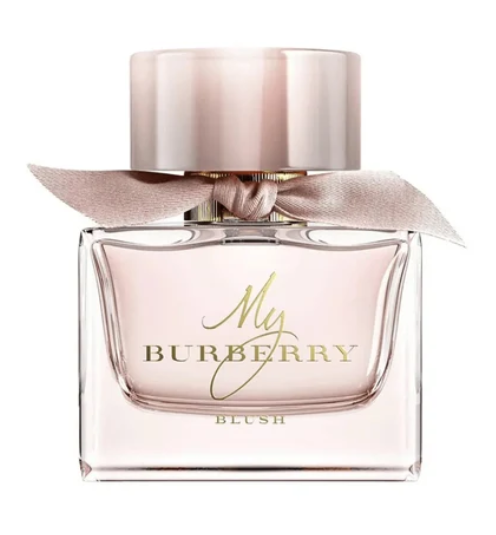 Burberry My Burberry Blush perfume For Women bottle with a pale pink liquid, a metallic rose gold cap, and a matching satin ribbon bow, on a white background.