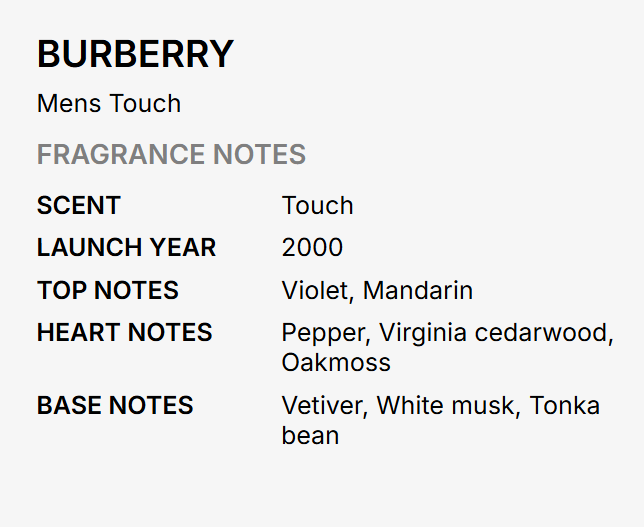 A text-based fragrance notes card for Burberry Mens Touch, showing scent as 'Touch', launch year 2000, top notes of violet and mandarin, heart notes of pepper, virginia cedarwood, and oakmoss, and base notes of vetiver, white musk, and tonka bean on a light gray background.