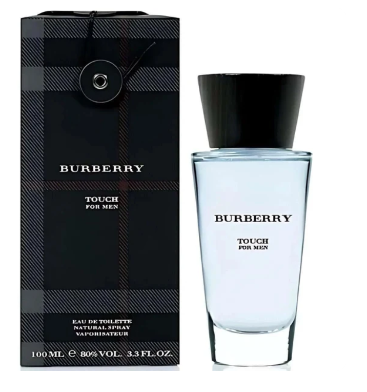 Burberry Touch For Men eau de toilette natural spray bottle next to its signature black and gray plaid packaging box, on a white background.