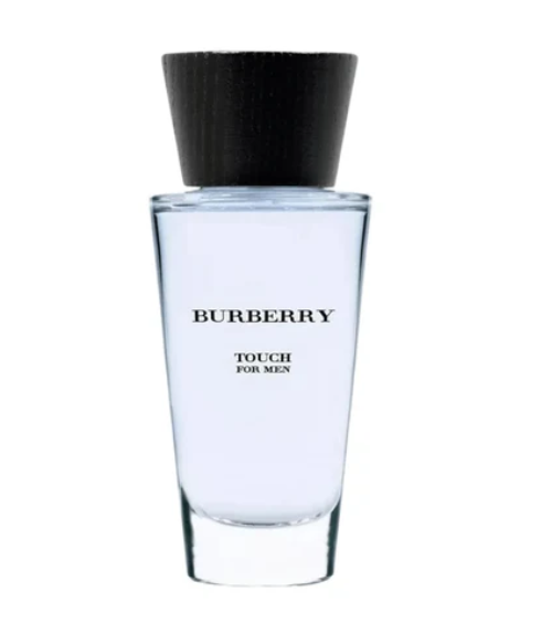Burberry Touch For Men cologne bottle with a black cap and clear glass body showing pale blue liquid, on a white background.