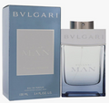 Bvlgari Man Eau de Parfum 100ml bottle next to its blue packaging box, featuring a silver cap and a blue-to-clear gradient glass bottle.