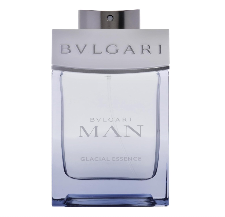 Bvlgari Man Glacial Essence perfume bottle, featuring a clear glass rectangular body with a metallic silver cap and silver lettering, set against a plain white background.
