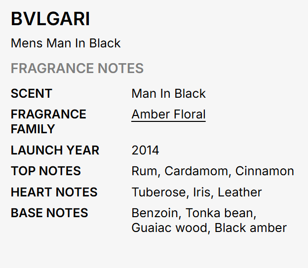 A text-based fragrance note card for BVLGARI's 'Mens Man In Black' on a light gray background. It lists the fragrance family as 'Amber Floral' and details the top, heart, and base notes.
