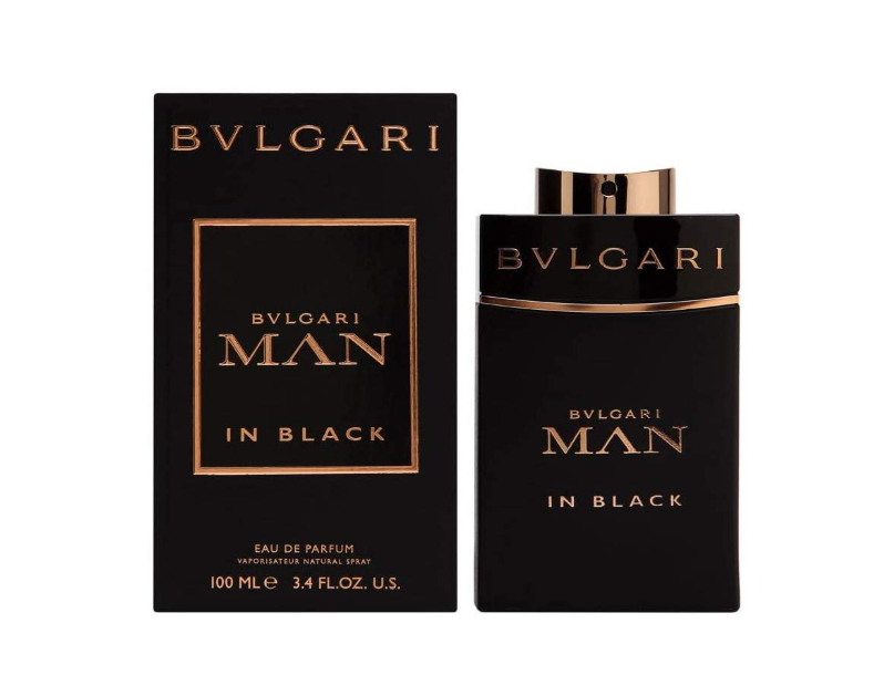 Bvlgari Man In Black Eau de Parfum bottle and matching box, both in matte black with gold lettering and trim, on a plain white background.