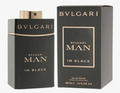 Bvlgari Man In Black Eau de Parfum bottle and its retail box, both in black with gold lettering and trim, on a white background.