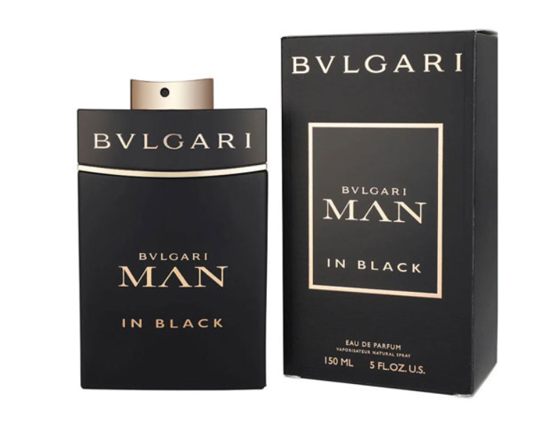 Bvlgari Man In Black Eau de Parfum bottle and its retail box, both in black with gold lettering and detailing, on a white background.
