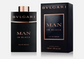Bvlgari Man in Black Eau de Parfum bottle and its retail box, both in black with rose gold lettering and trim, on a light gray background.
