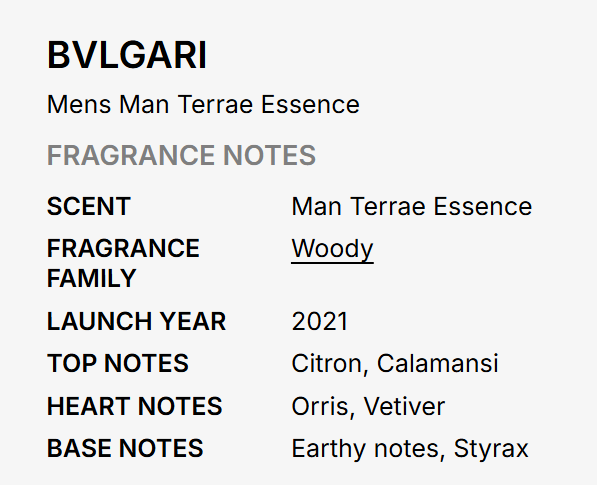 A text-based fragrance notes card for Bvlgari Mens Man Terrae Essences, detailing scent, fragrance family (Woody), launch year (2021), and top, heart, and base notes.