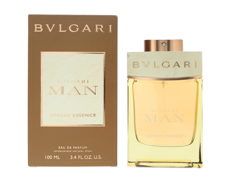 Bvlgari Man Terrae Essence Eau de Parfum 100ml bottle next to its brown cardboard packaging box on a white background.