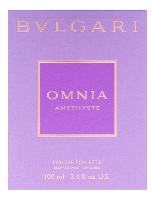 Bvlgari Omnia Amethyste Eau de Toilette 100ml box packaging, featuring a lavender purple background with metallic gold foil lettering.