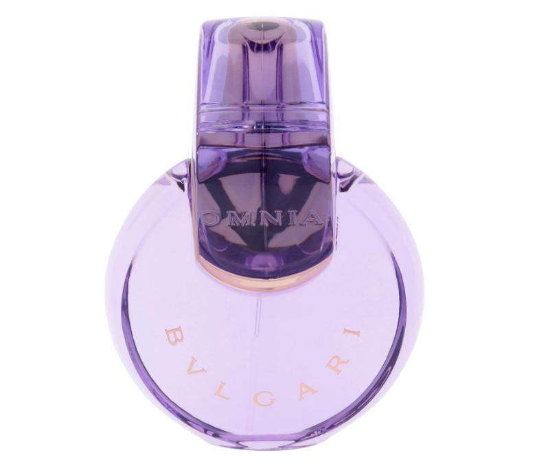 Bvlgari Omnia Eau de Parfum bottle in a translucent lavender purple glass, featuring a curved round base and a cylindrical cap, with the brand name 'BVLGARI' and product name 'OMNIA' embossed on the bottle.