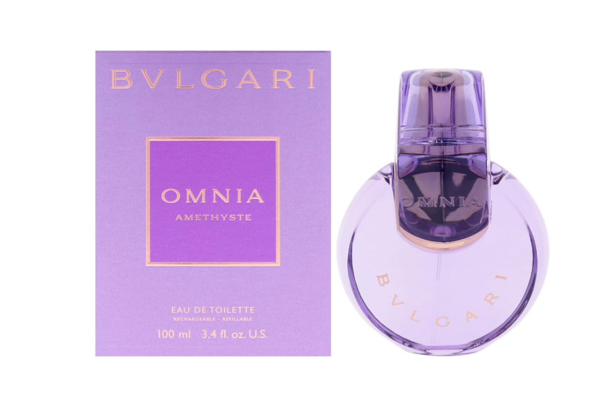 Bvlgari Omnia Amethyste Eau de Toilette shown with its lavender packaging box and the purple glass spray bottle on a white background.