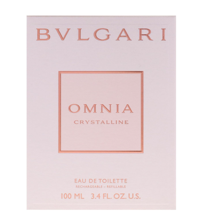 Bvlgari Omnia Crystalline Eau de Toilette refillable box in pale pink with rose gold lettering.