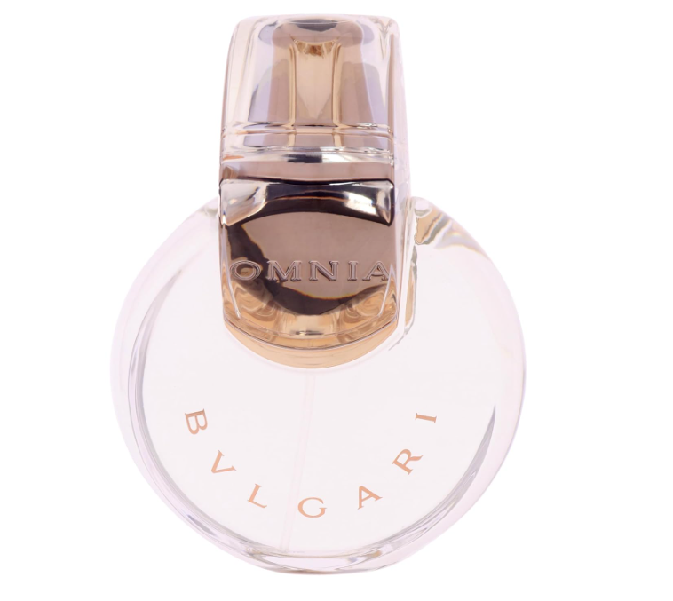 Bvlgari Omnia Eau de Parfum bottle, featuring a clear glass bottle with a metallic rose gold cap and a matching rose gold logo on the front.