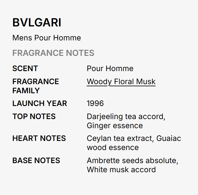 A text-based fragrance notes card for Bvlgari Mens Pour Homme, detailing scent, family, launch year, and notes on a light gray background.